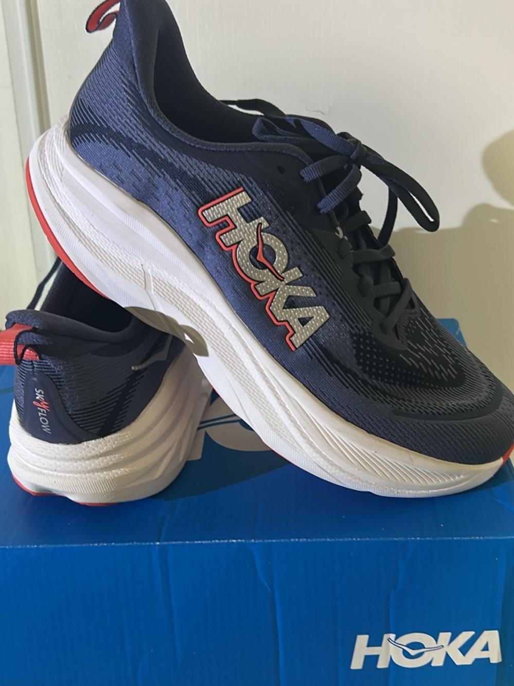 Hoka women Navy, White and Red Athletic Running Shoes